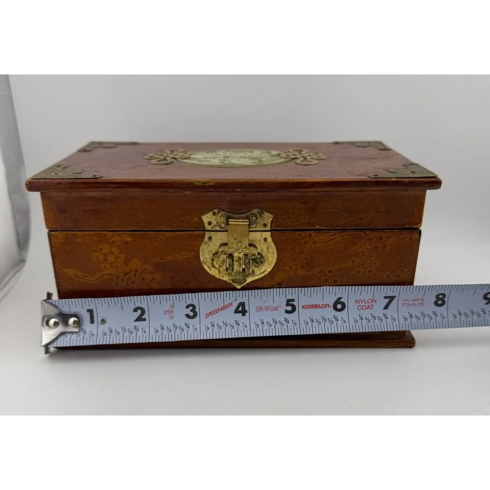 Vintage Asian Style Wood Jewelry Box with Jade Floral‎ Inlay & Brass Accents